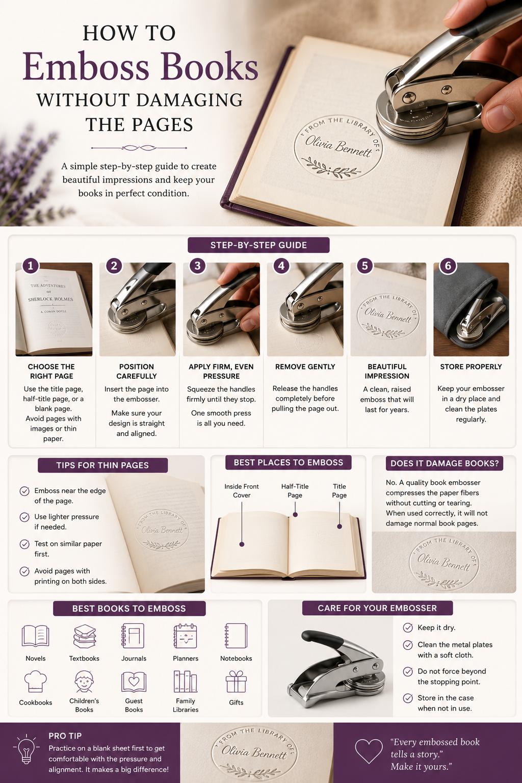 Step-by-step guide showing how to emboss books without damaging the pages using a personalized book embosser.