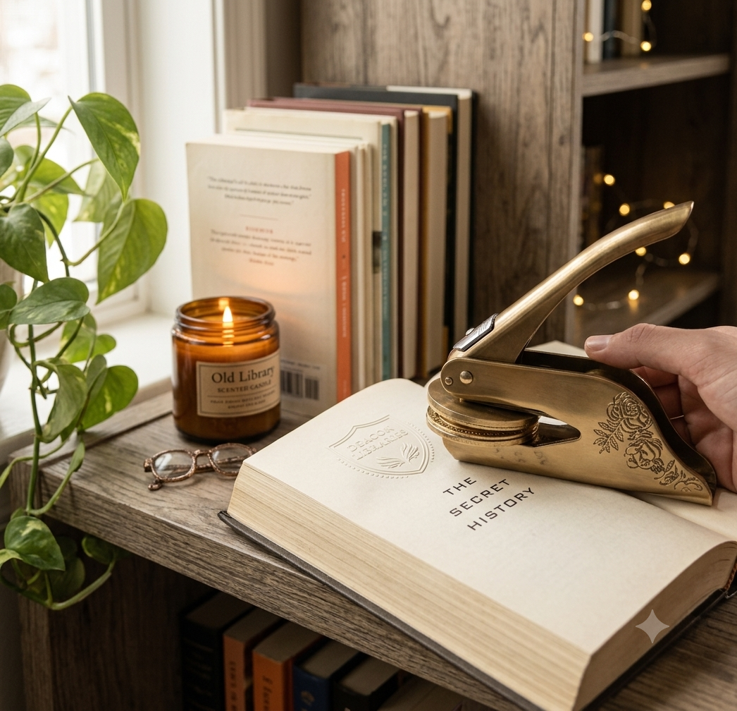 A beautifully styled wooden bookshelf with cozy warm lighting, a green potted plant, an Old Library scented candle, and a custom gold book embosser pressing a signature seal onto an open book page.