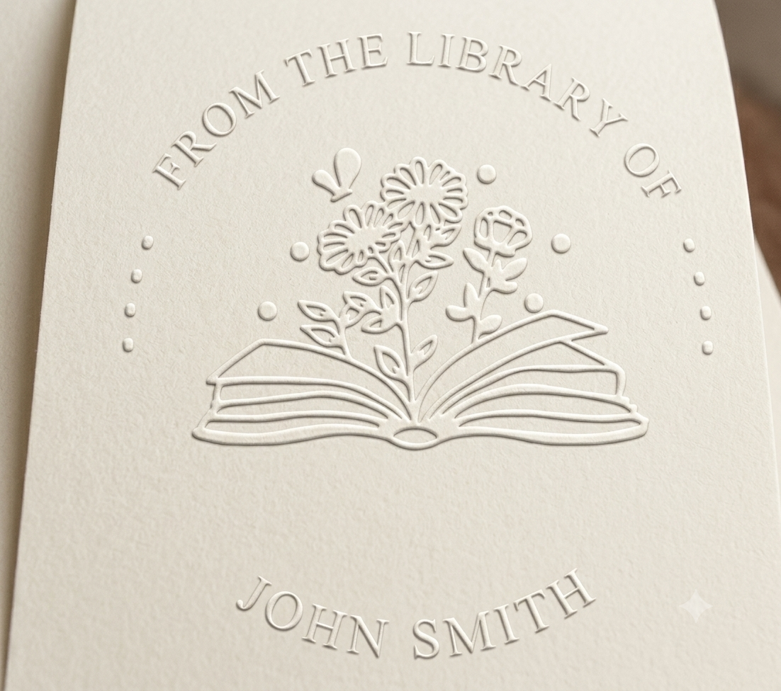 Custom circular book embosser seal pressed onto textured paper showing floral book design with text From the Library of John Smith.
