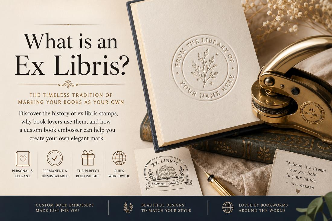 Personalized ex libris book embosser on an open book with vintage book lover styling.