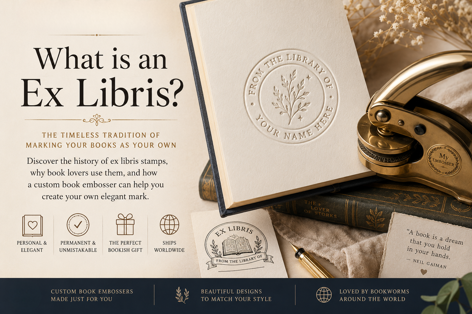 Personalized ex libris book embosser on an open book with vintage book lover styling.