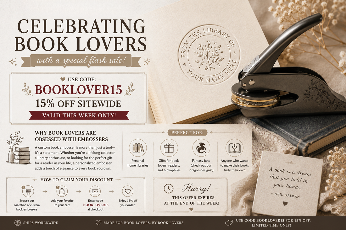 Custom book embosser with an embossed ex libris mark promoting a 15% off Book Lovers flash sale.