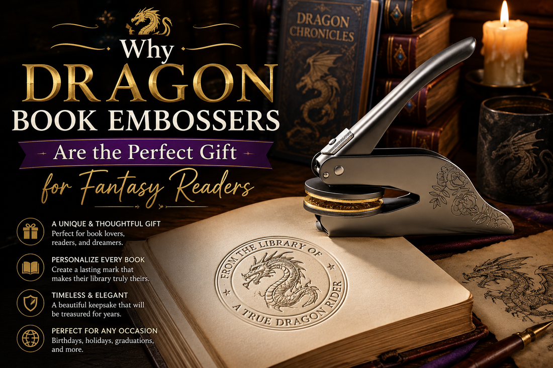 Personalized Dragon Book Embosser creating an elegant raised seal on a fantasy novel, the perfect gift for fantasy readers and book lovers.