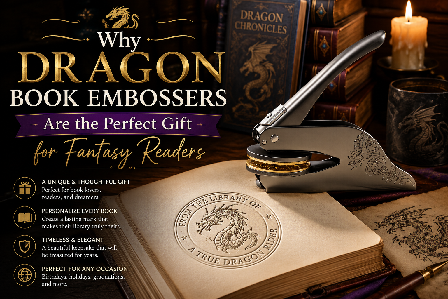 Personalized Dragon Book Embosser creating an elegant raised seal on a fantasy novel, the perfect gift for fantasy readers and book lovers.