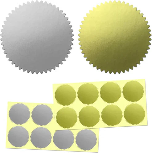 Gold and silver foil seal stickers for envelopes, invitations, certificates, and gift packaging.