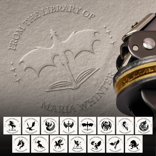 Personalized Mythology book embosser clip featuring interchangeable fantasy and mythology-inspired designs for custom library books